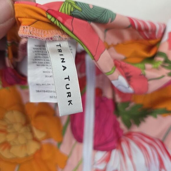Trina Turk Swimsuit Womens Medium Floral Long Sleeve Rash Guard Pink Orange‎ Zip - Picture 7 of 12